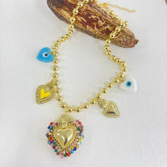 Multicolors Heart With Evil Eye Necklace
