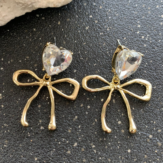 Zirconia Heart Bow Gold Earrings