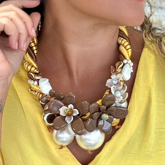 Brown Flowers With Pearls Necklace