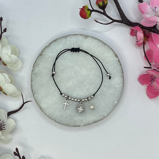 Cross Hanging Cord Black Bracelet