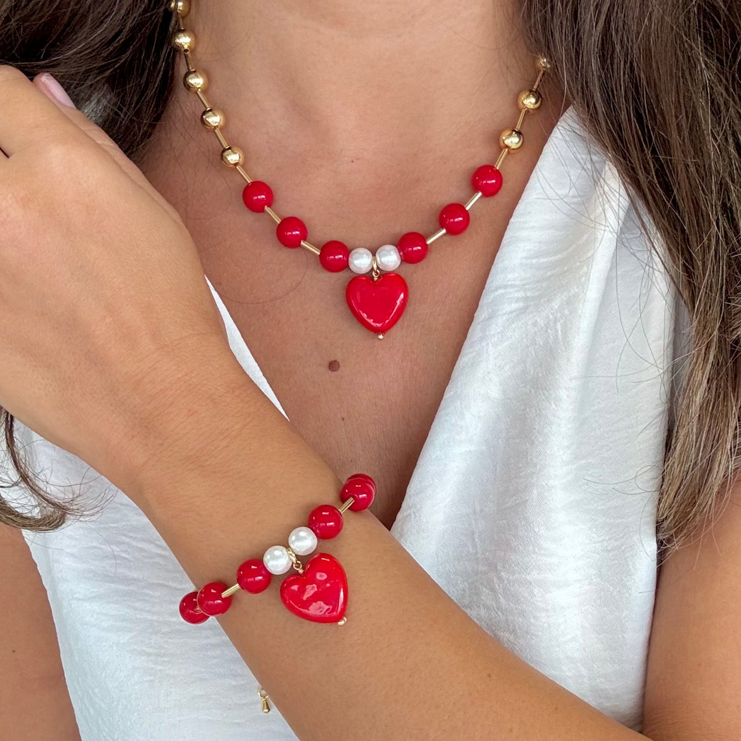 Red Heart With Beads Bracelet