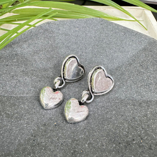 Small Double Heart Silver Earrings