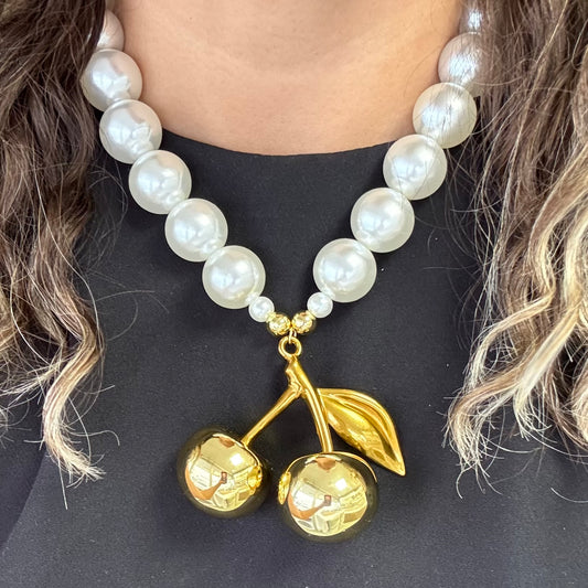 Gold Cherry With Pearl Necklace