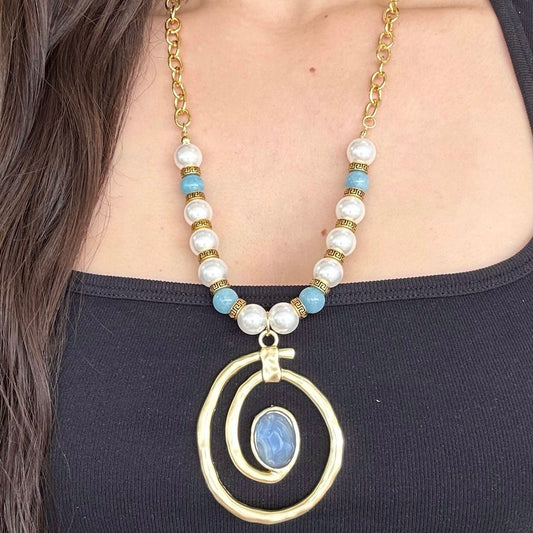 Long Blue Necklace With Pearls