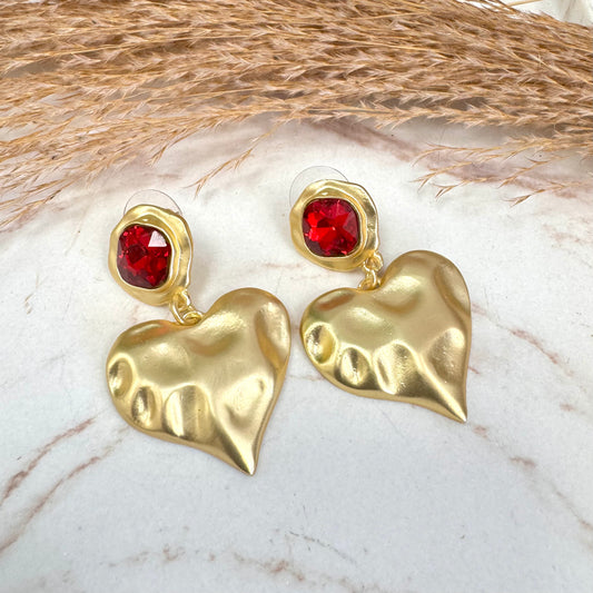 Red Stone Heart Gold Earrings