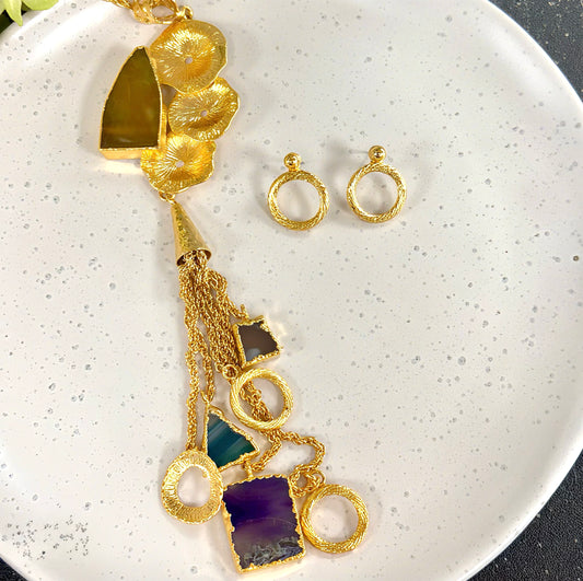 Mix Stones Tassel Necklace Set