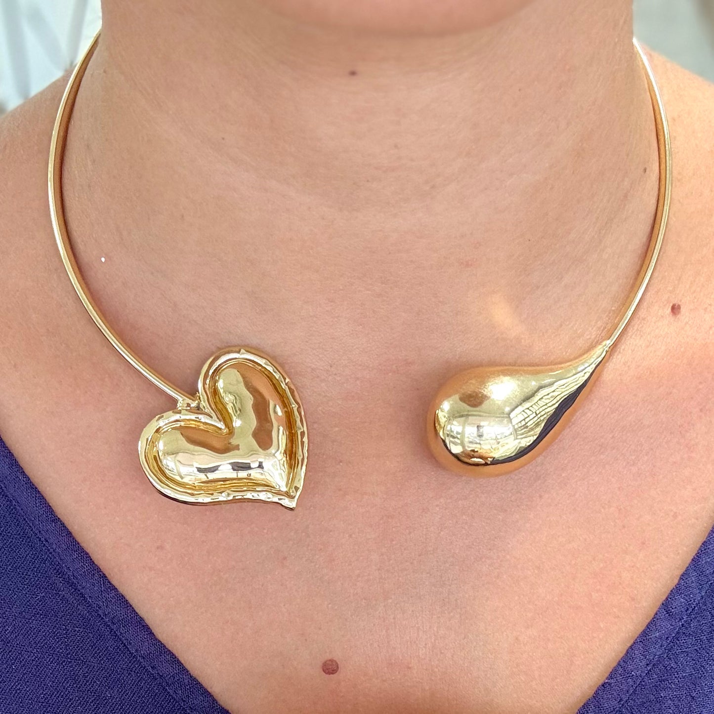 Gold Choker Necklace Heart and Drop