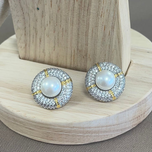 Two Tone Pearl With Crystal Earrings