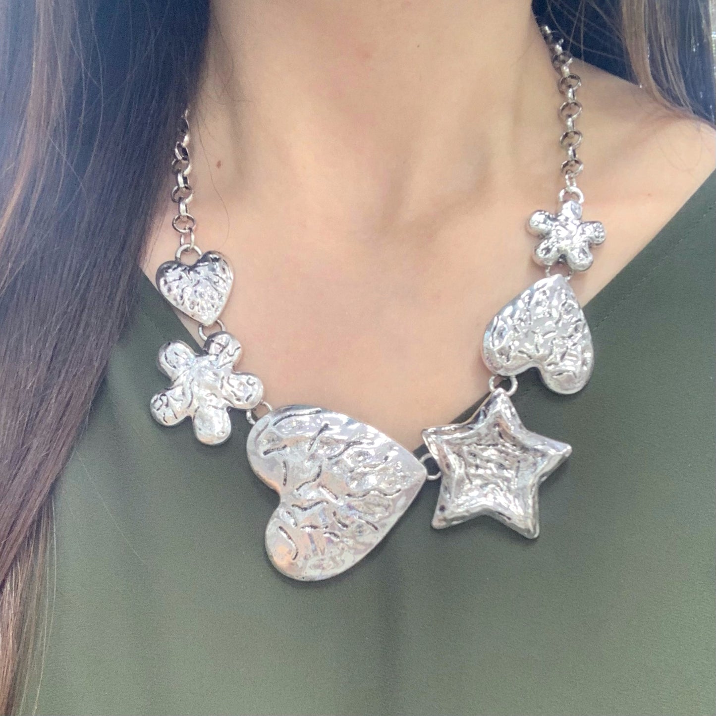 Flower Heart Star Silver Necklace