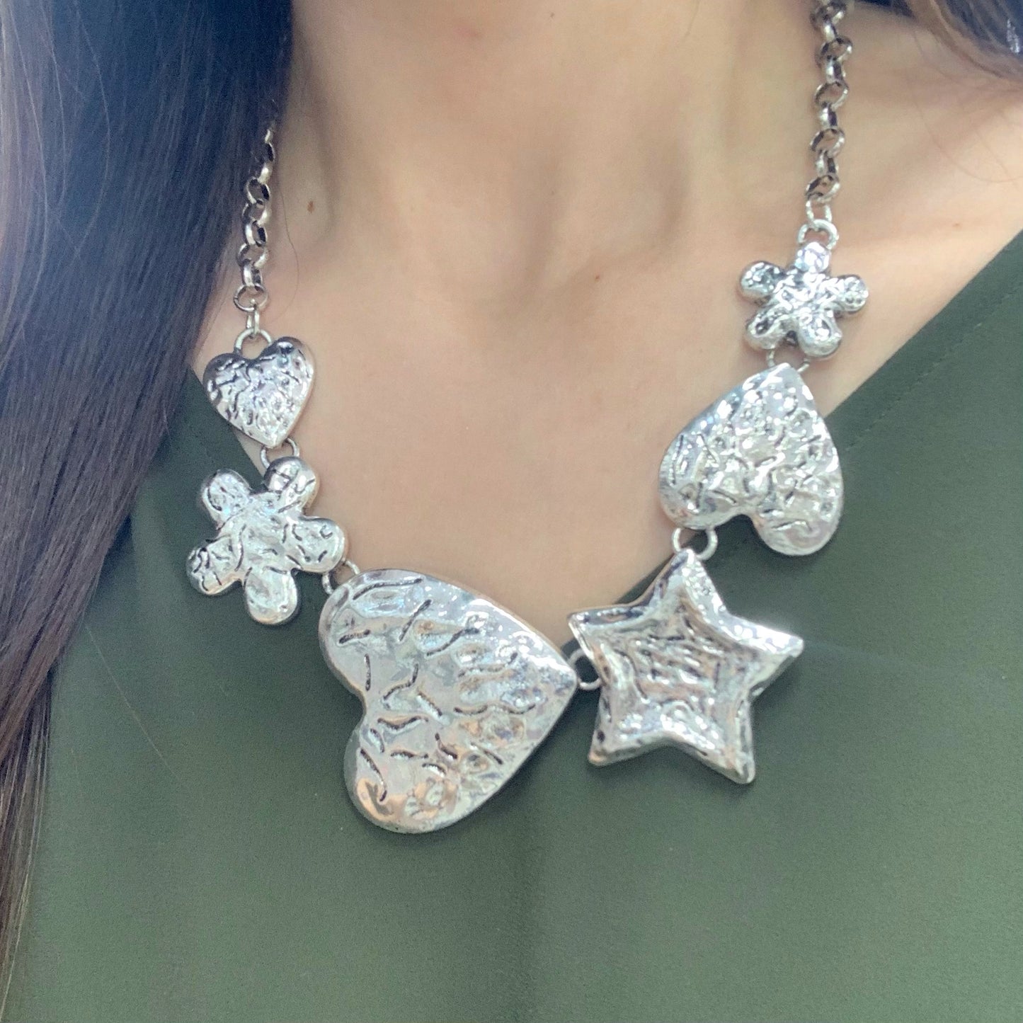 Flower Heart Star Silver Necklace