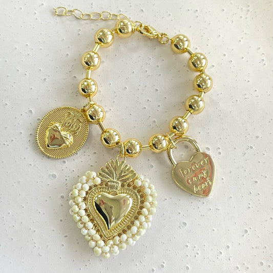 Hearts Charms Cream Gold Bracelet