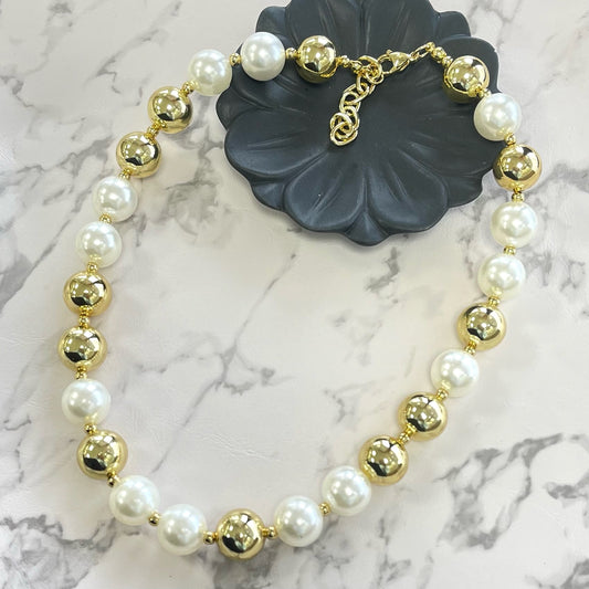 Mid Pearl and Gold Globe Necklace
