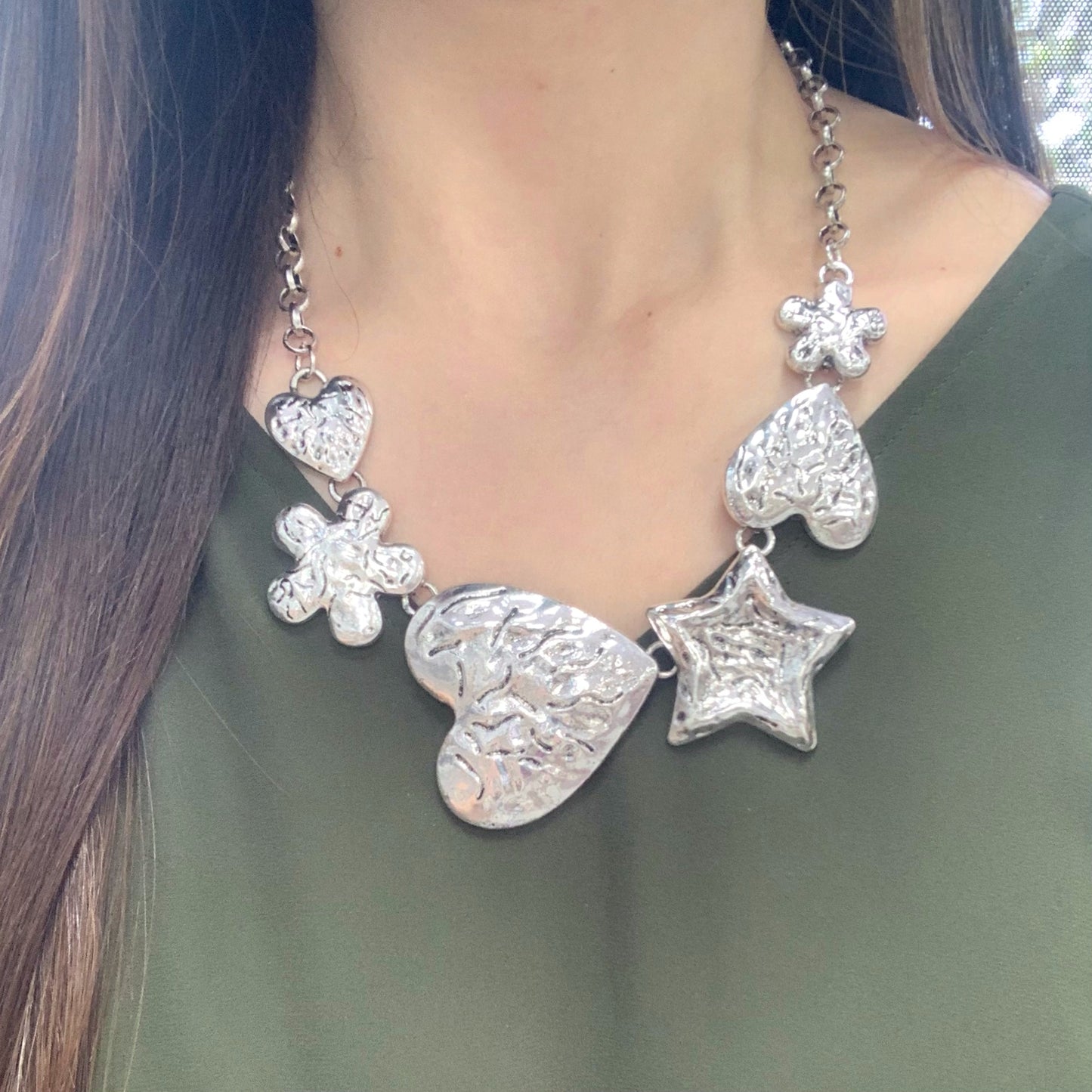 Flower Heart Star Silver Necklace