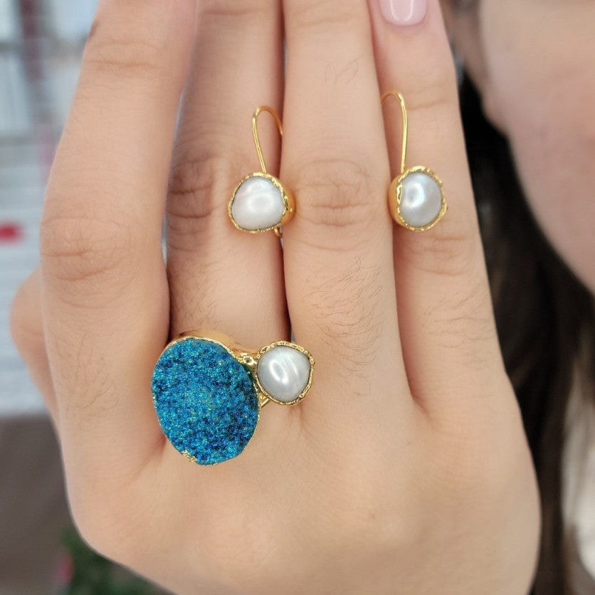 Blue Stone With Pearls 2pcs set