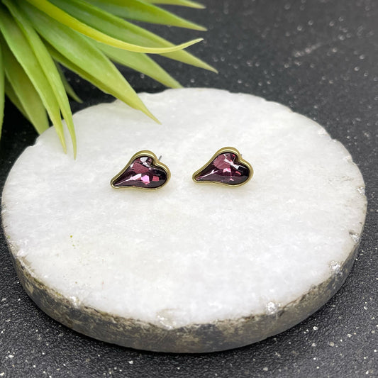 Gold Heart Earring With Purple Stone